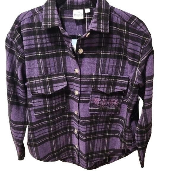 Wakanda Forever NWT Long Sleeve Purple Plaid Shacket Shirt Women's Size Small - Picture 1 of 4